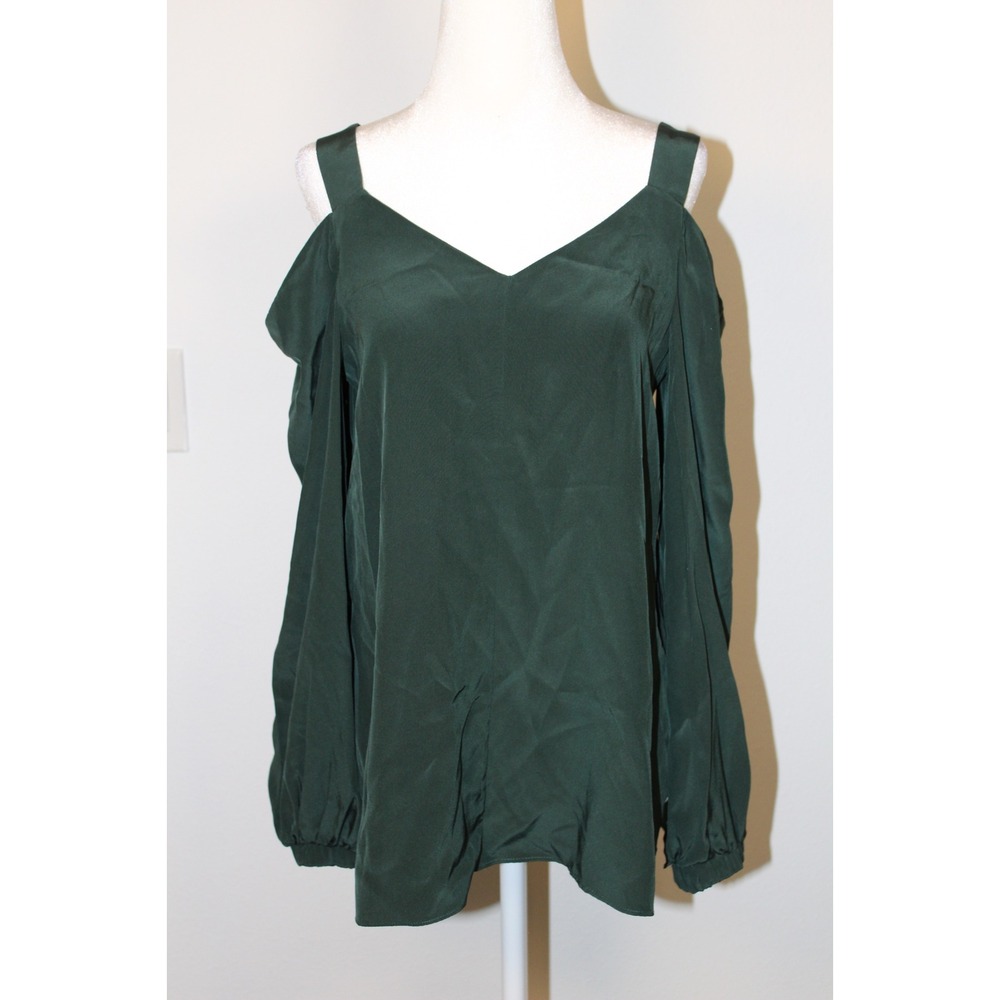 Tibi Cold Shoulder V Neck‎ Long Sleeve Silk Blouse Emerald Green Size 2